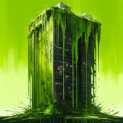 High-Rise Building Dripping with Green Paint or Sludge Greenwashing Environmental Illustration [Generative AI]