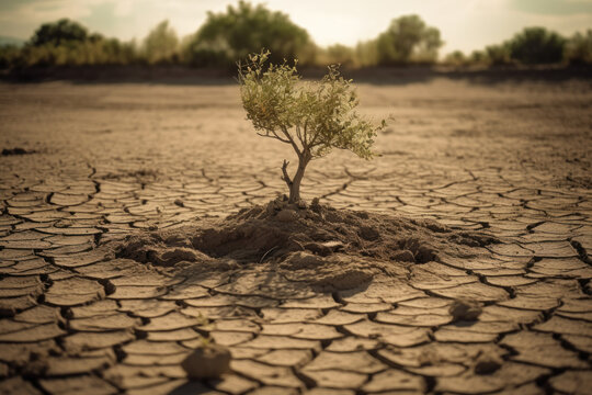 Generative AI illustration of small green tree growing in dry sandy terrain with cracks on sunny day in desert representing concept of drought