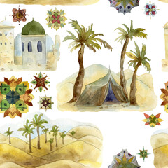 Seamless pattern with floral elements, desert landscape with camels, palms and architecture. Traditional islamic ornament . Watercolor illustration