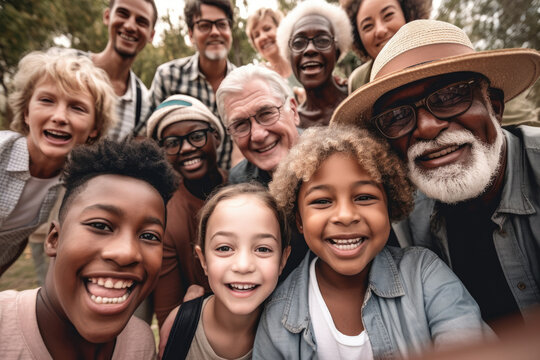 Generative AI illustration of happy multiracial family with many children smiling and looking at camera while standing in sunny park together during weekend