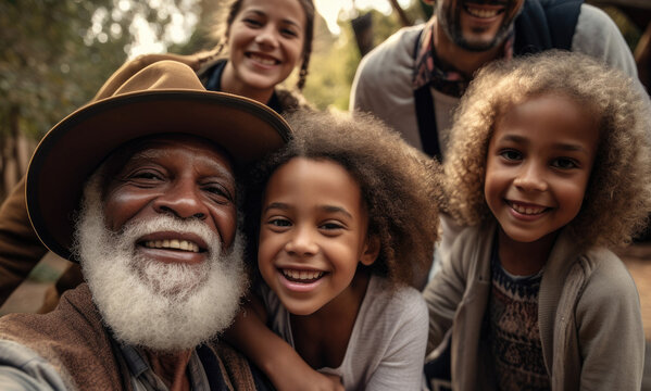 Generative AI illustration of cheerful African American senior grandfather with gray beard in hat smiling and looking at camera while spending time together with cute granddaughters