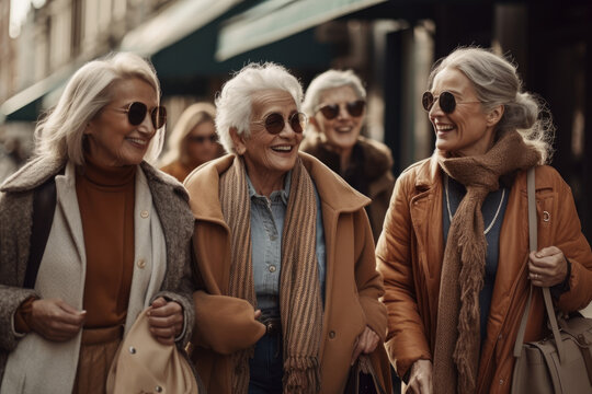 Generative AI illustration of happy mature female friends in sunglasses and elegant outfits smiling and looking at each other while strolling together on city street and talking about life