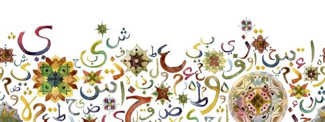 Seamless pattern border with floral elements and arabic calligraphy. Traditional islamic ornament . Watercolor illustration (no translation, random letters of the alphabet)