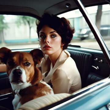 Generative AI illustration of vintage young female in formal clothes with makeup sitting with adorable dog in old fashioned car at daylight