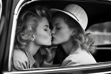 Generative AI illustration with black and white vintage picture of young lesbian couple in formal suits and hats kissing in car