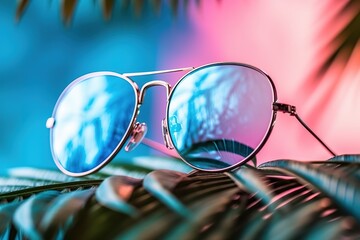 Tropical vibes, chic sunglasses resting on a vibrant background of blue, tropical pink, and aquamarine palm leaves, beautiful art of generative ai