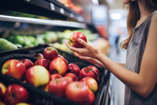 Young woman engaging in a thoughtful selection of fresh organic fruits in a supermarket, focusing on hand-picking a juicy red apple, beautiful art of generative ai