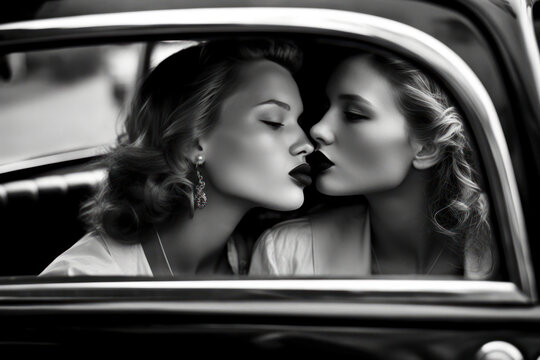 Generative AI illustration with black and white vintage picture of young lesbian couple in formal suits and hats kissing in car