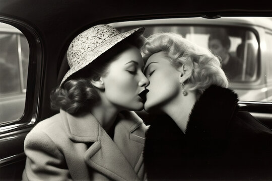 Generative AI illustration with black and white vintage picture of young lesbian couple in formal suits and hats kissing in car