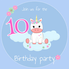 
Card invitation for birthday party with cute unicorn rainbow, stars, flower, cloud for 10 year babe