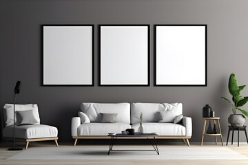 Mockup posters on a wall in modern living room. Generative AI.