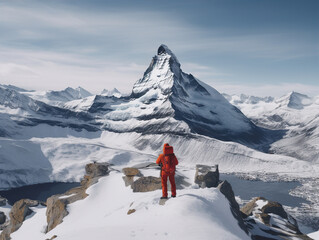 a man in a red coat looks up at Matterhorn, in the style of minimalist backgrounds, 32k uhd, documentary-style photography, full body, powerful and emotive portraiture, i can't believe how beautiful t