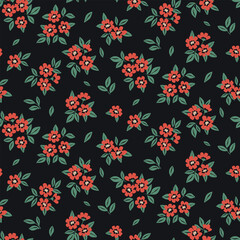 Seamless floral pattern, vintage ditsy print with tiny hand drawn botany. Pretty botanical surface design, liberty arrangement: small red flowers, leaves on black background. Vector illustration.