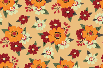 Seamless floral pattern, decorative ditsy print with folk motif. Cute botanical design in autumn colors: small hand drawn red, yellow flowers, leaves, bouquets on light background. Vector illustration