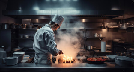 Professional Chef in a Restaurant Kitchen Cooking with Flame and Smoke. Generative AI