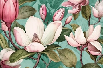 seamless decoration background leaf watercolor wallpaper floral pattern flower magnolia drawn. Generative AI.