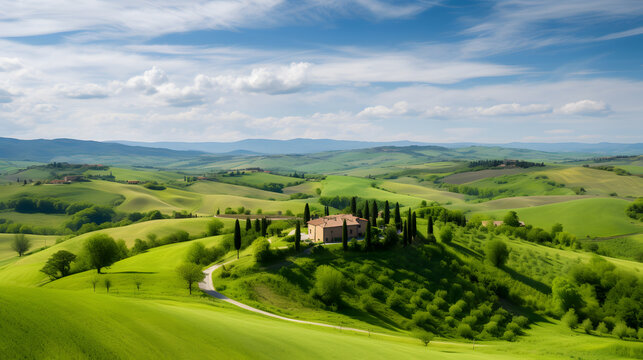 A picturesque countryside scene, with gentle rolling hills covered in lush green grasses, scattered with charming farmhouses, and embraced by a clear blue sky dotted with fluffy white clouds