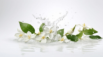 White jasmine flowers fall into the water and make a beautiful water splash. Light white background. Generative AI - obrazy, fototapety, plakaty