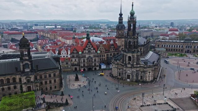 Drone shot of Dresden Cathedral ( Katholische Hofkirche ) or Cathedral of the Holy Trinity ( Kathedrale Sanctissimae Trinitatis ) , Dresden , Germany .