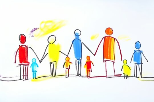 Child's drawing with colored pencils, family hands by hands. Simple lines, flat graphics, white background. Generative AI illustration