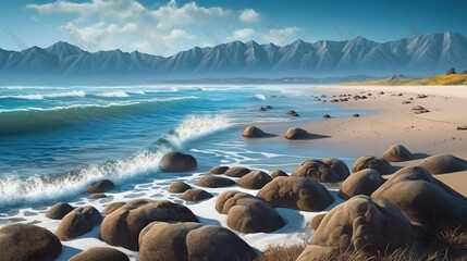 Fototapeta na wymiar A painting of a beach with mountains in the background and a body of water in the foreground with rocks in the foreground, and a beach with rocks in the foreground. Generative AI