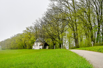 Obraz premium Mariastein, Kapelle, St. Anna-Kapelle, Kloster, Kloster Mariastein, Wallfahrt, Dorf, Wanderweg, Landwirtschaft, Felder, Frühling, Morgennebel, Schweiz