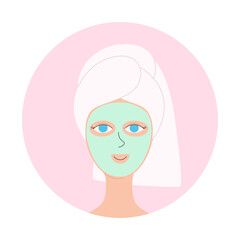 Girl with a towel on her head with mask on her face. Concept of skincare, pure and healthy skin. Vector illustration.