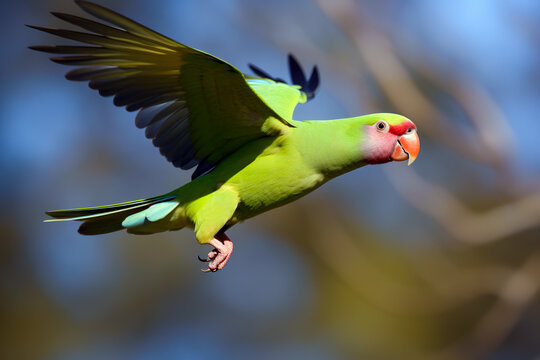Flying big green ringed or Alexandrine parakeet (Psittacula eupatria) green forest in background.
