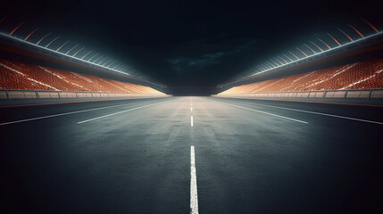 Asphalt racing track finish line and illuminated race sport stadium at night. 3d illustration. Generative AI