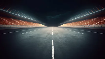 Poster Asphalt racing track finish line and illuminated race sport stadium at night. 3d illustration. Generative AI © Lifia