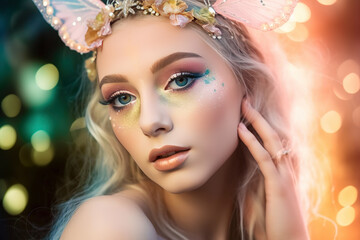 Close up portrait of  Beautiful young fairy in enchanted magical forest. Butterfly wings, stunning pastel crystals, glitter light sage and blush and gold,  flowers