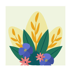 Flowers and leaves. Symbol of spring and summer seasons. Flora and botany, nature. Aesthetics and elegance. Blossom and blooming petals and plants. Cartoon flat vector illustration