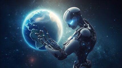 Obraz na płótnie Canvas AI Robot holding Earth showing that the AI will take the control - World Technology Security System and Business Industry Concepts