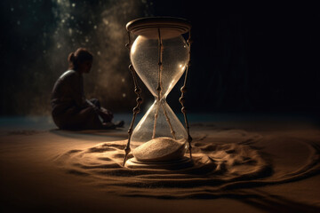 Hourglass time turner. Concept of fighting against the unstoppable flow of time. Generative AI