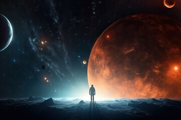 An astronaut stands alone on the unknown planet. The space environment background. Generative AI