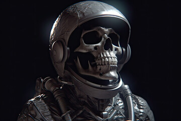 A skullface astronaut in the space suit and a helmet. A dead spaceman in the space. Generative AI