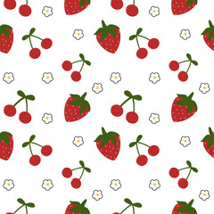 Strawberry , cherry and little flowers on white background seamless pattern