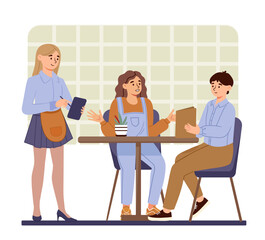 People make order. Man and woman sitting in cafe and ordering dishes from girl. Young couple on romantic date. Waitress with clients and visiters. Cartoon flat vector illustration