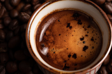 Macro shot of espresso coffee with decoration