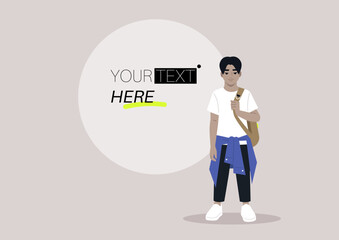 A full body portrait of a school kid carrying a backpack on one strap, a graphic element with a copy space on a background