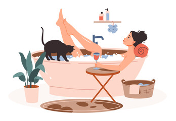 A young woman takes a bath with a glass of wine. A girl with a cat in the bathroom relaxes in hot water with foam. Daily self care. Flat cartoon vector illustration.

