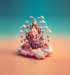 3-d rendering of an isometric oriental fantasy cake castle. Food illustration for bakery, cake artist, online shop, cake design, landing pages. Generative AI digitally edited by hand.