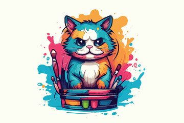 Cute cat with brush and palette of paints. Vector illustration.
