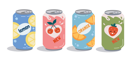 Soda bottle fruit set. Collection of lemonades and cocktails in aluminum cans. Cold drinks with lemon, cherry, orange and strawberry. Cartoon flat vector illustrations isolated on white background
