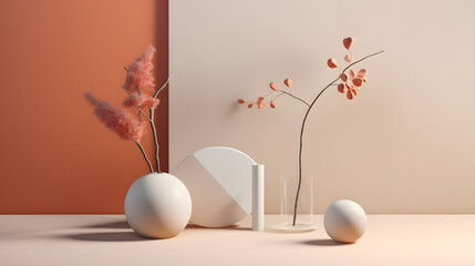 Zen-Inspired Still Life with Terracotta Pots, Glass Vase, and Pampas Grass, ai generated