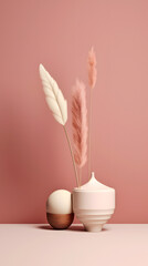 Minimalist Vertical Still Life with Pot, Abstract Shape, and Pampas Grass in Coral Tones, ai generated