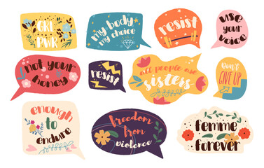 Femme stickers set. Collection of speech bubbles with text. Feminism, equality and tolerance. Freedom form violence, girl power. Cartoon flat vector illustrations isolated on white background