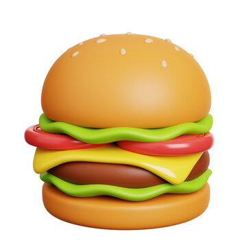 Hamburger or cheeseburger. Fast food meal icon  isolated. 3D Rendering