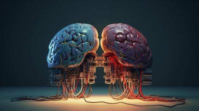 Brain split in half, biological brain, computer components. Generative AI