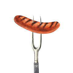 Watercolor barbecue sausage, prick with a fork. Hand-drawn illustration isolated on white background. Perfect concept for food, design packing, concept for cafe, restaurant element